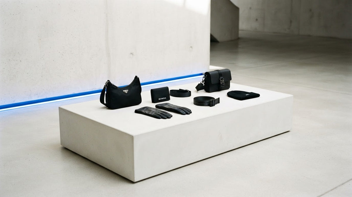 JUJU accessories arranged on a concrete plinth